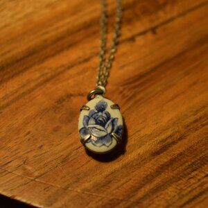 Vintage Blue Floral Porcelain Pendant Necklace Silver Chain- Handmade